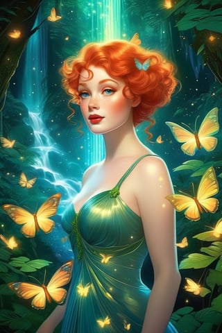 highly detailed photo of a curvy ginger woman, backlit, fireflies, butterflies, (iridiscent glow), forest with a waterfall, ethereal, visually rich, vintage comic, flat lights, cel shaded, fairy tale, high detail, highly detailed face, soft makeup, gown, full color, (2D:1.2), vector, 32k resolution, best quality