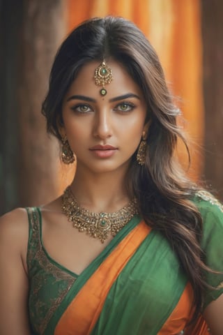 a mid-body shot of a fair indian girl, priestess, shot upto waist, with green eyes, a warrior goddess, a princess portrait, a goddess, showing huge cleavage, boobs, belly button, wearing a orange saree, dynamic pose, psychedelic colour background, colourful digital fantasy art, soft film grading, cinematic, 8k highly detailed digital art, beautiful digital artwork, photo real, depth of filed, (high detailed skin:1.2), realistic eyes, 8k UHD,  DSLR,  soft lighting,  high quality,aesthetic portrait, front facing , blur background 