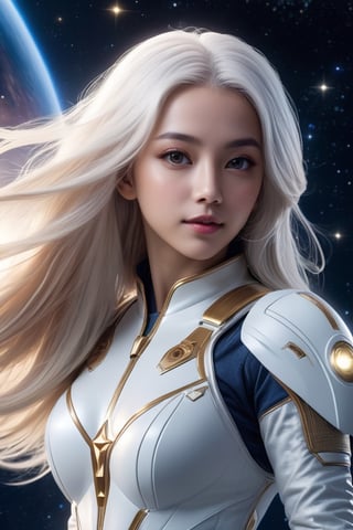 Beautiful daughter of the universe ((flight)), her sparkling eyes, completely white long hair, cinema 4K, cinematic, subtle, magical, universe, full body, high resolution, flying, sad face, no clothes, dynamic flight pose, covered with stars, fantasy spacesuit 