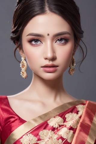 perfect pink eyes, fantastic face, Indian, beautiful look, detailed elegant printed red saree, updo elegant hair, blurred gray tones background, ultra focus, face ilumined, face detailed, 8k resolution, painted, dry brush, brush strokes, razumov style and garmash style, by Tokaito