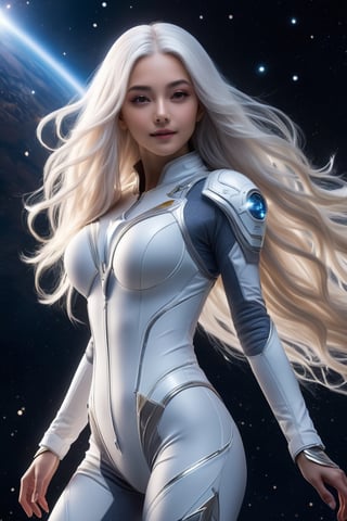 Beautiful daughter of the universe ((flight)), her sparkling eyes, completely white long hair, cinema 4K, cinematic, subtle, magical, universe, full body, high resolution, flying, sad face, no clothes, dynamic flight pose, covered with stars, fantasy spacesuit 