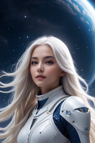 Beautiful daughter of the universe ((flight)), her sparkling eyes, completely white long hair, cinema 4K, cinematic, subtle, magical, universe, full body, high resolution, flying, sad face, no clothes, dynamic flight pose, covered with stars, fantasy spacesuit 