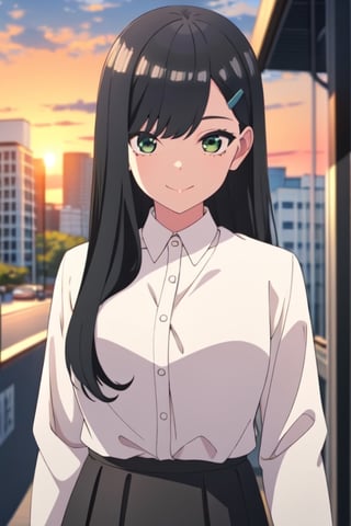 takebayashiGotobun, (masterpiece), (best quality), 4K, (8K), high detailed eyes and face, intricate_details, solo, sunset, black hair, long hair, swept bangs, hairclip, green eyes, white shirt, long sleeves, black skirt, long skirt, smile.