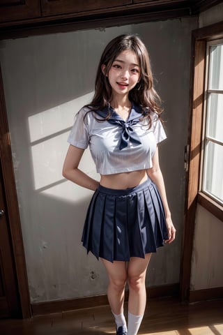 CG, (20-year-old korean girl:1.2), (giant tits:1.5), cute, happy, laughing and chatting, wet light pale skin, big eyes, thick double eyelids, wavy black hair, fluttering hair, (best quality:1.5), (photo realistic:1.4), intricate details, ultra detailed, perfect details, natural lighting, (dynamic angle:1.1), (full body shot:1.3), a few away, (shot from below:1.2), (looking at the camera:1.1), embarrassed blush, wide open mouth, tongue sticking out, sailor school uniform, white collared shirt, see-through, short dark blue pleated skirt, short white socks, black loafers, huge hips