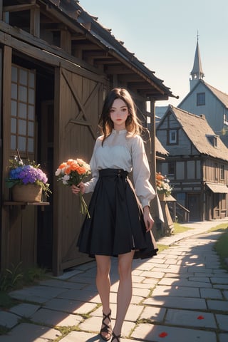 (Masterpiece, Photorealistic, 8K resolution, Ultra High Quality, Incredibly Detailed, Cinematic lighting, Perfect anatomy, RAW),  Medieval town, cobblestone street, young girls selling flowers, dressed in simple medieval peasant attire, no modern items, surrounded by rustic buildings, warm summer day, narrow waist, bare legs,highres