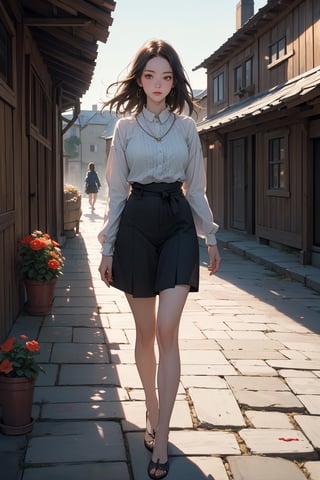 (Masterpiece, Photorealistic, 8K resolution, Ultra High Quality, Incredibly Detailed, Cinematic lighting, Perfect anatomy, RAW),  Medieval town, cobblestone street, young girls selling flowers, dressed in simple medieval peasant attire, no modern items, surrounded by rustic buildings, warm summer day, narrow waist, bare legs,highres