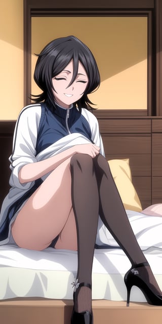 masterpiece, highly detailed, 4K, vibrant colors, sharp focus, best quality, depth of field, perfect body, perfect anatomy, beautiful background, full body picture, teasing, ,Rukia, black hair, happy expressions, wearing high heels, sitting on a bed, legs spread wide open,