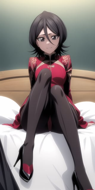 masterpiece, highly detailed, 4K, vibrant colors, sharp focus, best quality, depth of field, perfect body, perfect anatomy, beautiful background, full body picture, teasing, ,Rukia, black hair, happy expressions, wearing high heels, sitting on a bed, legs spread wide open,