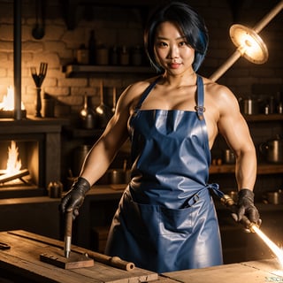 best_quailty,  highest_detail,  full_length,  full_body,  dynamic_lighting, forge_light_source, high_fantasy_blacksmith_workshop,  perfect_anatomy,  perfect_face extremely_detailed_face,  expressive,  perfect_eyes,  (sweating_profusely),  high_fantasy_sexyfemale_muscular_Chinese_blacksmith only_wearing thick_leather_apron_and_gloves hammers white_hot_metal_bar on anvil next to forge with forgehammer, nounderwear, bluehair