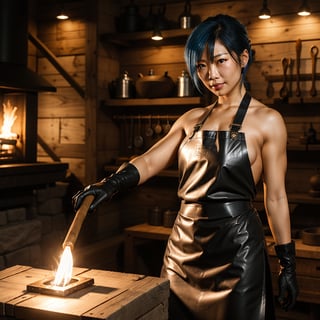 best_quailty,  highest_detail,  full_length,  full_body,  dynamic_lighting, forge_light_source, high_fantasy_blacksmith_workshop,  perfect_anatomy,  perfect_face extremely_detailed_face,  expressive,  perfect_eyes,  (sweating_profusely),  high_fantasy_sexyfemale_muscular_Japanese_blacksmith only_wearing thick_leather_apron_and_gloves hammers white_hot_metal_bar on anvil next to forge with forgehammer, nounderwear, bluehair