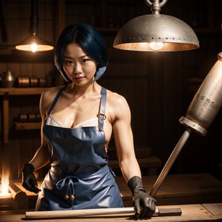 best_quailty,  highest_detail,  full_length,  full_body,  dynamic_lighting, forge_light_source, high_fantasy_blacksmith_workshop,  perfect_anatomy,  perfect_face extremely_detailed_face,  expressive,  perfect_eyes,  (sweating_profusely),  high_fantasy_sexyfemale_muscular_Chinese_blacksmith only_wearing thick_leather_apron_and_gloves hammers white_hot_metal_bar on anvil next to forge with forgehammer, nounderwear, bluehair