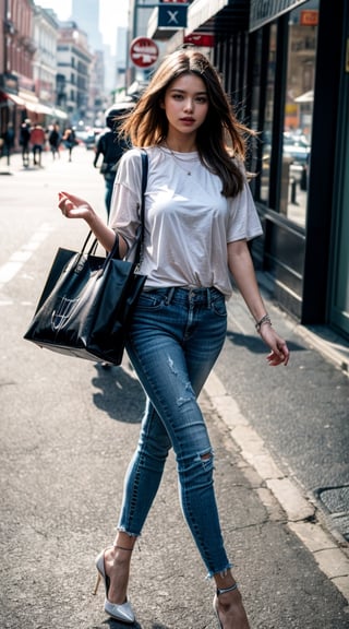 The image features a woman walking down a city street, wearing a white shirt and blue jeans. She is the main focus of the scene, and her outfit is complemented by high heels. The woman appears to be confidently striding through the city, possibly enjoying a leisurely stroll or heading to a destination.
In the background, there are several other people walking on the street, adding to the bustling urban atmosphere. The presence of multiple pedestrians suggests that this is a busy area of the city, with people going about their daily activities. (controlnet_mode:canny  RealMixXL, sdxl-1.0.0.9. safetensors, SeargeSDXL4.2-Llama2 prompt)