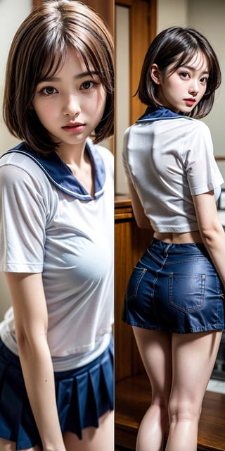 1girl,((Natural Portrait)),(Top Quality, Masterpiece), Realistic, Ultra High Resolution, Complex Details, Exquisite Details and Texture, Realistic, Beauty, Thai College Student, Serafuku, Thin and Long Body, Summer_School Uniform, White Shirt, Navy blue skirt, turn around and bend your waist at 75 degrees with your butt facing forward. Details, no panties, lift the skirt, put your arms behind your back, spread your hips with your hands, show your pussy, spanking, short hair, round face,