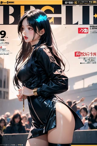 (Masterpiece, Best Quality: 1.2), 1girl, 19 years old beautiful Korean woman:1.3, extremely beautiful face, (Title: 1.5), (Dynamic Poses: 1.4), (Magazine Cover: 1.5), Looking at the Audience, (Thighs: 0.5), (Solo: 1.5), (Cowboy Shot: 1.2), (from bottom to top: 1.3), (bbpeco), (ahoge), (golden retriever: 1.3), solo, dark brown long hair:1.2, chest, looking at audience, (bangs:1.4), big breasts:0.7, slim waist:1.4, wide hip:0.6, black leather neck choker, long sleeves, cleavage, coat, (black long hair:1.5), teeth, shiny, lips, shiny skin, v-shaped, tights, caftan, headphones, light pink tight clothing, headphones, gown, shiny clothes, latex, detailed clothes, black fur bracelet, pink tights, latex tights, nudity, zipper open, no clothes, sexy pose, tights, big eyes, facing the viewer , asian girl,masterpiece,realistic,best quality,masterpiece,backlight, halo, (perfect model-like proportions),female,cute, (skinny body:1.5)