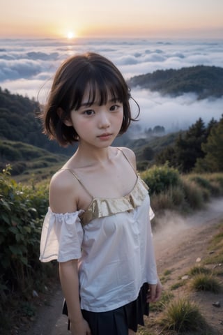 主：(((Fog forest with golden sunset))),(looking at the audience),(focus on face),(standing),
人：best quality, photo realistic, master piece, (((1child))), female lowteen, smug, blush,
優：Dream girl, better hands,
髮：bangs, (((Extremely short hair))),
服：Off the shoulder,((Extra long spaghetti strap off-the-shoulder shirt)), mini pleated skirt,