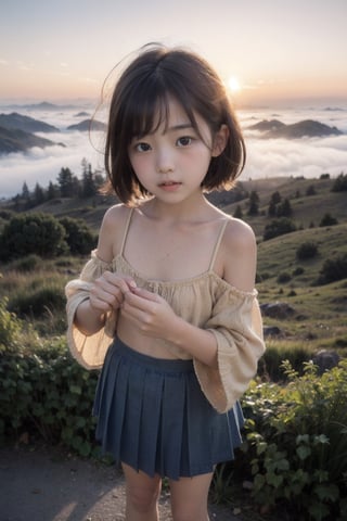 主：(((Fog forest with golden sunset))),(looking at the audience),(focus on face),(standing),
人：best quality, photo realistic, master piece, (((1child))), female lowteen, smug, blush,
優：Dream girl, better hands,
髮：bangs, (((Extremely short hair))),
服：Off the shoulder,((Extra long spaghetti strap off-the-shoulder shirt)), mini pleated skirt,