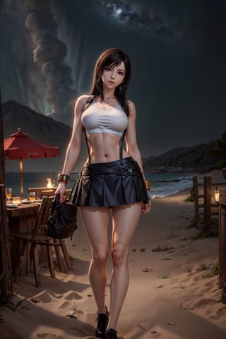 (8k,  RAW photo,  photorealistic:1.25),  1girl,  tifa lockhart, dynamic action pose, with golden accents,  (full body:1.2),  (highly detailed skin:1.2),  wide hip,  narrow waist,  curvy waist,  ((slim,  skinny waist:1.4)), dynamic pose,  well sunlit,  ((looking at viewer)), Tifa, TifaFF7, white shirt, black skirt, suspenders, 1 girl, beautiful face, beautiful eyes, night sky, beach background, colorful