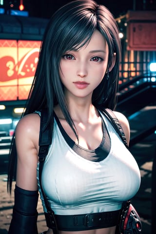 masterpiece, extremely detailed CG unity 8k wallpaper,1girl, solo,looking at the viewer,(best quality,  masterpiece:1.2), ultra detailed, (photo realistic:1.4), solo, sexy lady, night_beach, blurry_light_background, tifa_lockhart, long_hair, huge_boobs, red eyes, beach