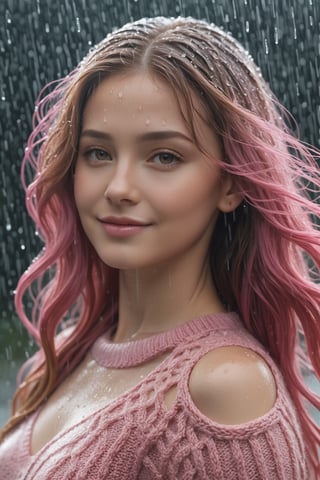 (full shot:1.2), (detailed face: 1.2), Best quality, masterpiece, smiley, ultra-high resolution, (photorealistic: 1.2), (best quality)), ((masterpiece)), 1woman, (high detail skin:1.2), (long colored messy wet hair, wet pink knitted transparent high tech cut skintight hi-tech), raining, photorealistic, full image, full body, daylight, hyper-realistic, uncompressed UHD 8K format, cinematic lights, cinematic colors, bokeh, Realism.