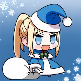 ,  Padoru_Meme, 1girl, blush, smile, open mouth, blonde hair, bangs, long sleeves, dress, holding, blue eyes, braid, :d, hair ponytail, light blue dress, single hair ponytail, light blue headwear, meme, holding sack,Padoru_Meme, snowflakes background