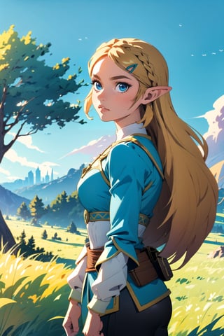 (masterpiece, best quality), highres, ultra detailed, 4k, side viewed,1girl, princess zelda, zeldaBotW, blue eyes, blonde hair, bangs pants, Looking to the horizon, determined look, cowboy shot, outdoors, intricate, highly detailed,zeldaBotW,princess zelda,nintendo