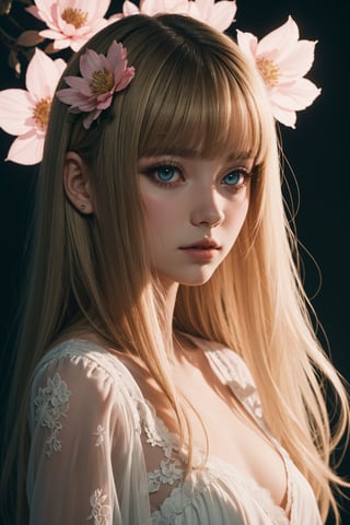 ghost silhouette woman, platium blonde hair, pink eyes, halo, long asymetrical bangs, angel, flowers, cinematic, upper frame action-packed, glow contour, text: GIRL