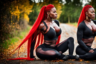 (((((Super Huge Muscles:1))))),(nsfw:1),In front of the autumn road, very long red hair Ridiculously long twintails,Long sleeves and super tight leggings,Very Dark Black Senegalese Black Female,(((big_boob:1.8))),big milf 