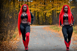 (((((Super Huge Muscles:1))))),(nsfw:1),In front of the autumn road, very long red hair Ridiculously long twintails,Long sleeves and super tight leggings,Very Dark Black Senegalese Black Female,(((big_boob:1.8))),big milf 