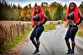 (((((Super Huge Muscles:1))))),(nsfw:1),In front of the autumn road, very long red hair Ridiculously long twintails,Long sleeves and super tight leggings,Very Dark Black Senegalese Black Female,(((big_boob:1.8))),big milf 