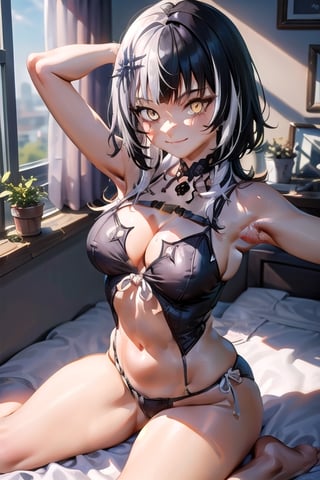 1girl, armpit crease, (black hair:1.1), breasts, cleavage, grey hair, hair ornament, large breasts, multicolored hair, smile, solo, two-tone hair, yellow eyes, ShioriNovella, hair ornament, choker, bedroom, indoors, closed mouth, legs_spread, cock, penetrating_ass, male_pov