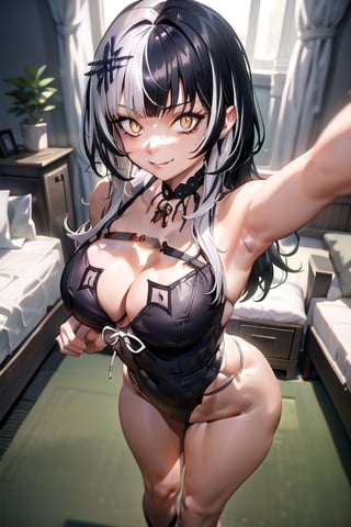 1girl, armpit crease, (black hair:1.1), breasts, cleavage, grey hair, hair ornament, large breasts, multicolored hair, smile, solo, two-tone hair, yellow eyes, ShioriNovella, hair ornament, choker, bedroom, indoors, closed mouth, legs_spread, cock, penetrating_ass, male_pov