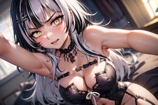 1girl, armpit crease, (black hair:1.1), breasts, cleavage, grey hair, hair ornament, large breasts, multicolored hair, solo, two-tone hair, yellow eyes, ShioriNovella, hair ornament, choker, bedroom, indoors, cock,male_pov, crying_tears, angry, gritting_teeth, forced_sex