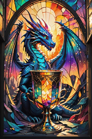 Golden chalice, two parts in one art, double exposure, best quality, dark tales, close up cute dragon window. sunset, Crayola, 2d, flat, cute, adorable, vintage, art on a cracked paper, fairytale, patchwork, stained glass, storybook detailed illustration, cinematic, ultra highly detailed, tiny details, beautiful details, mystical, luminism, vibrant colors, complex background,ColorART