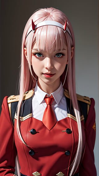 masterpiece,(best quality:1),zero_two,long hair,white hairband,straight hair,uniform,necktie,military,military uniform,lora:zero_two_darling_in_the_franxx-10,zero two