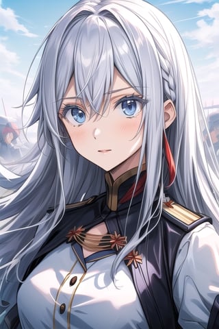 Lena, white_hair, long_hair, war, battle, best quality, blue eyes, detailed_eyes.