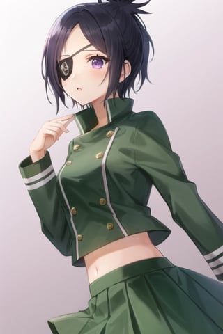 CHROME DOKURO, BLACK HAIR, EYEPATCH, (PURPLE EYES:1.1), SHORT HAIR,
CROP TOP, EYEPATCH, SCHOOL UNIFORM, SERAFUKU, SKIRT, GREEN UNIFORM,
masterpiece, best quality, wallpaper