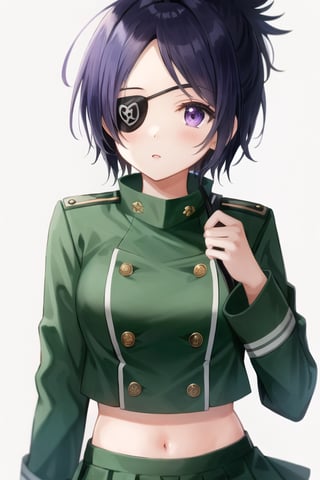 CHROME DOKURO, BLACK HAIR, EYEPATCH, (PURPLE EYES:1.1), SHORT HAIR,
CROP TOP, EYEPATCH, SCHOOL UNIFORM, SERAFUKU, SKIRT, GREEN UNIFORM,
masterpiece, best quality, wallpaper