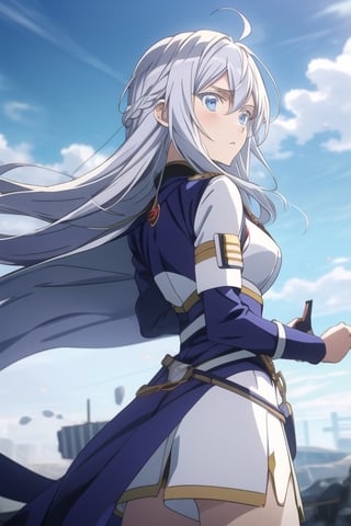 Lena, white_hair, long_hair, war, battle, best quality, blue eyes, detailed_eyes, attacing