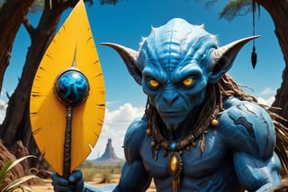 Masterpiece, high quality, ultra-resolution, hyper-resolution, an alien planet, a blue giant star in the sky, next to it a yellow dwarf, in the foreground a predatory aborigine with long high ears, ears with tassels, black claws, blue eyes looking at the viewer, in the hands of a spear with an obsidian tip, in the background a background of savannah with tall trees, hyperrealism, 8k