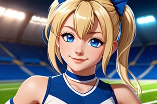 Anime, cheerleader, Finnish girl, small breasts, tight outfit, cute face, detailed blue eyes, (Silver-Blue cheerleader dress), football field, detailed, animated, fictional animation, inviting smile, butt cheeks, make up, eye liner, pony tails, Blonde-blue multicolor hair, choker necklace, earrings, jumping, Lions logo, perfect face, perfect eyes, perfect nose, short hair, blonde hair, blonde hair, blue hair, white thigh high socks, full body