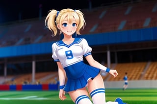 Anime, cheerleader, Finnish girl, small breasts, tight outfit, cute face, detailed blue eyes, (Silver-Blue cheerleader dress), football field, detailed, animated, fictional animation, inviting smile, butt cheeks, make up, eye liner, pony tails, Blonde-blue multicolor hair, choker necklace, earrings, jumping, Lions logo, perfect face, perfect eyes, perfect nose, short hair, blonde hair, blonde hair, blue hair, white thigh high socks, full body