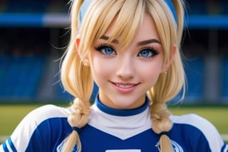 Anime, cheerleader, Finnish girl, small breasts, tight outfit, cute face, detailed blue eyes, (Silver-Blue cheerleader dress), football field, detailed, animated, fictional animation, inviting smile, butt cheeks, make up, eye liner, pony tails, Blonde-blue multicolor hair, choker necklace, earrings, jumping, Lions logo, perfect face, perfect eyes, perfect nose, short hair, blonde hair, blonde hair, blue hair, white thigh high socks, full body