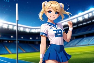 Anime, cheerleader, Finnish girl, small breasts, tight outfit, cute face, detailed blue eyes, (Silver-Blue cheerleader dress), football field, detailed, animated, fictional animation, inviting smile, butt cheeks, make up, eye liner, pony tails, Blonde-blue multicolor hair, choker necklace, earrings, jumping, Lions logo, perfect face, perfect eyes, perfect nose, short hair, blonde hair, blonde hair, blue hair, white thigh high socks, full body