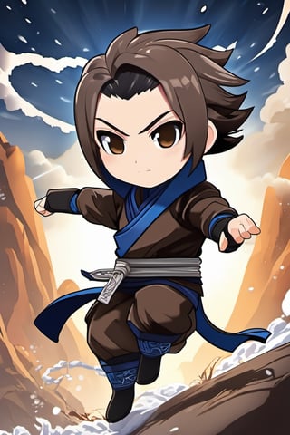 Chibi Style,  ninja,  storm effect,  best quality, brown hair, punching, mountain top, short hair