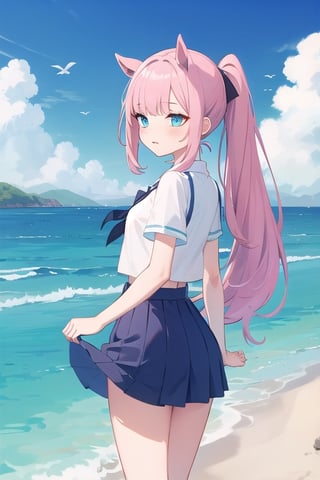 pony_tail, sea, mini skirt