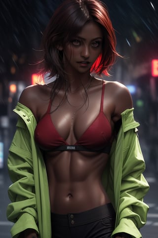 short hair, punk, gothic, (((dark skin))), tanned, ((((dark red skin)))), High detailed, impossible_fit, ((((tiny_breasts)))), tall, abs, lime green jacket, off shoulder,isni, cyberpunk, lime green light, midjourney,High detailed,Realism, sports bra, white_bikini_top,midjourney, raining, 