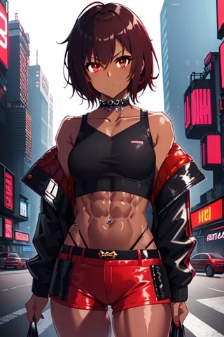 short hair, punk, (((dark skin))), tanned, ((((dark red skin)))), street,YAMATO,High detailed, impossible_fit, abs, tiny_breasts, cyberpunk street, tall, long legs, jacket, off shoulder