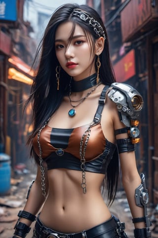 (masterpiece, top quality, best quality, official art, beautiful and aesthetic:1.2), (1girl:1.2), cute, extreme detailed, colorful, highest detailed, jewelry:1.4, open chest glossy leather crop top , metal chains, scenery, black_hair, long straight hair, big_boobs, photo r3al, cyborg style, cyborg_arm, cyberpunk style, rusty, torn_clothes