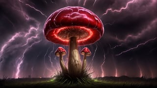 Higher ground, vivid mushrooms, fluorescent red, thunderstorm over it