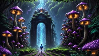 Higher ground, a forest of big vivid mushrooms, fluorescent blue style, a path to a door, a young boy with a bagpack